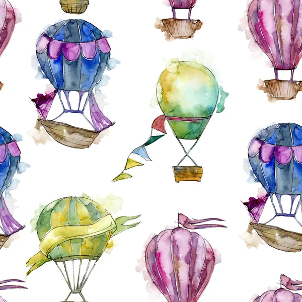 Sıcak hava balonları arka plan fly hava taşıma illüstrasyon. Sorunsuz arka plan deseni. Kumaş duvar kağıdı yazdırma doku.