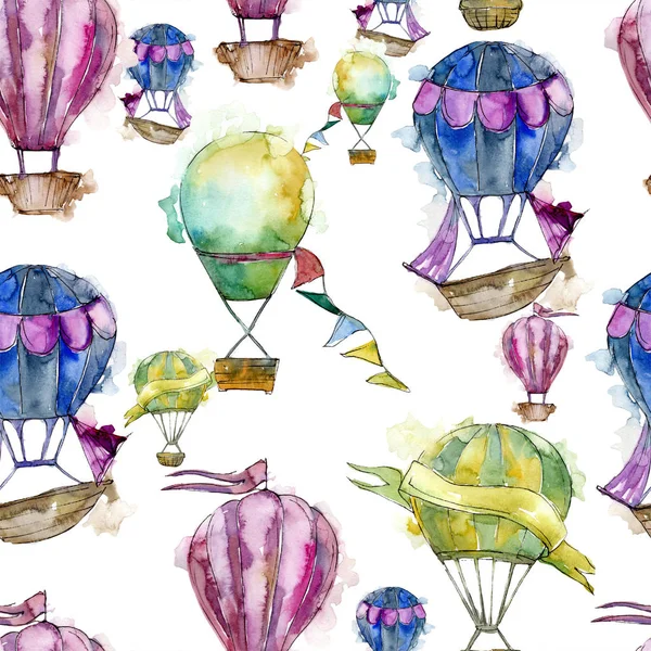 Varmluftsballonger Bakgrund Flyga Air Transport Illustration Sömlös Bakgrundsmönster Tyg Tapeter — Stockfoto