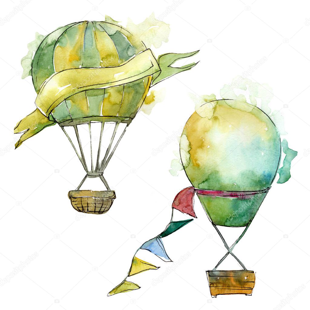 Green hot air balloon background fly air transport illustration. Isolated illustration element.