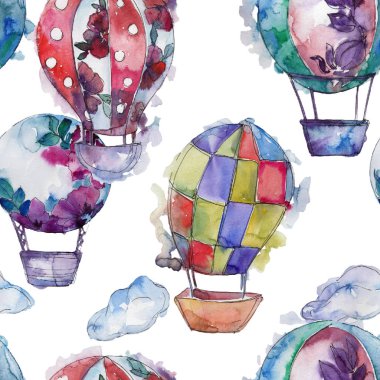 Sıcak hava balonları arka plan fly hava taşıma illüstrasyon. Sorunsuz arka plan deseni. Kumaş duvar kağıdı yazdırma doku.