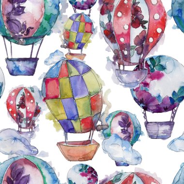 Sıcak hava balonları arka plan fly hava taşıma illüstrasyon. Sorunsuz arka plan deseni. Kumaş duvar kağıdı yazdırma doku.