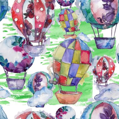 Sıcak hava balonları arka plan fly hava taşıma illüstrasyon. Sorunsuz arka plan deseni. Kumaş duvar kağıdı yazdırma doku.