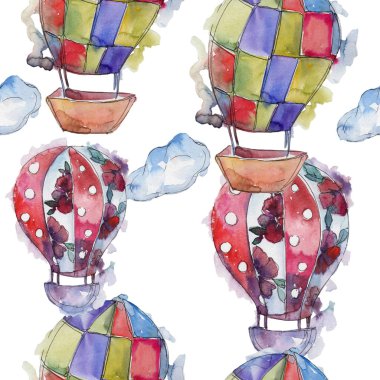 Sıcak hava balonları arka plan fly hava taşıma illüstrasyon. Sorunsuz arka plan deseni. Kumaş duvar kağıdı yazdırma doku.