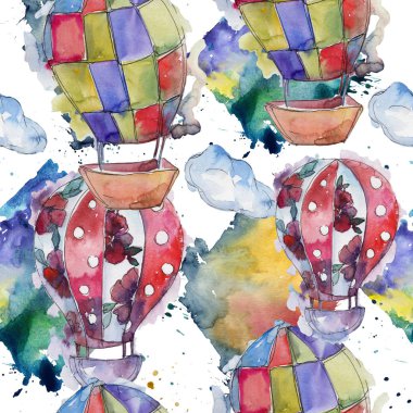 Sıcak hava balonları arka plan fly hava taşıma illüstrasyon. Sorunsuz arka plan deseni. Kumaş duvar kağıdı yazdırma doku.