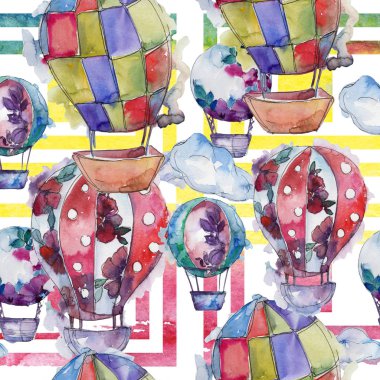 Sıcak hava balonları arka plan fly hava taşıma illüstrasyon. Sorunsuz arka plan deseni. Kumaş duvar kağıdı yazdırma doku.