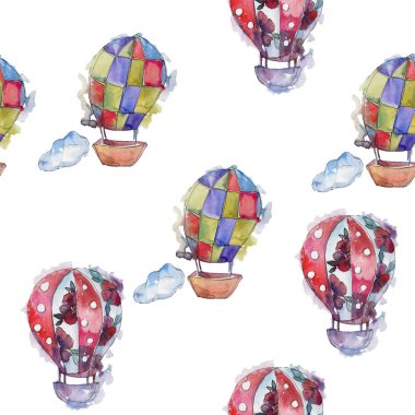 Sıcak hava balonları arka plan fly hava taşıma illüstrasyon. Sorunsuz arka plan deseni. Kumaş duvar kağıdı yazdırma doku.