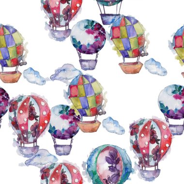 Sıcak hava balonları arka plan fly hava taşıma illüstrasyon. Sorunsuz arka plan deseni. Kumaş duvar kağıdı yazdırma doku.