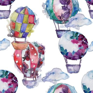 Sıcak hava balonları arka plan fly hava taşıma illüstrasyon. Sorunsuz arka plan deseni. Kumaş duvar kağıdı yazdırma doku.