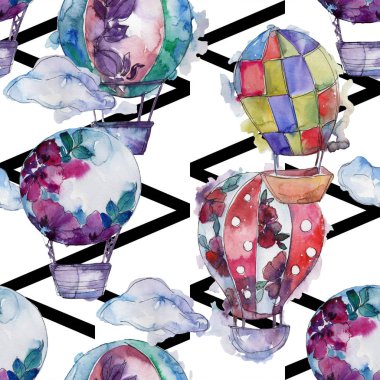 Sıcak hava balonları arka plan fly hava taşıma illüstrasyon. Sorunsuz arka plan deseni. Kumaş duvar kağıdı yazdırma doku.