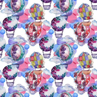 Sıcak hava balonları arka plan fly hava taşıma illüstrasyon. Sorunsuz arka plan deseni. Kumaş duvar kağıdı yazdırma doku.