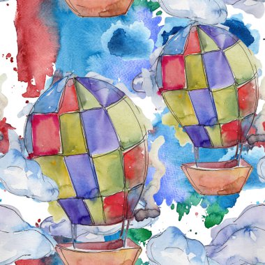 Sıcak hava balonları arka plan fly hava taşıma illüstrasyon. Sorunsuz arka plan deseni. Kumaş duvar kağıdı yazdırma doku.