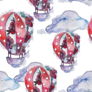 Sıcak hava balonları arka plan fly hava taşıma illüstrasyon. Sorunsuz arka plan deseni. Kumaş duvar kağıdı yazdırma doku.