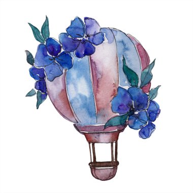 Mavi sıcak hava balon arka plan fly hava taşıma illüstrasyon. İzole illüstrasyon öğesi.