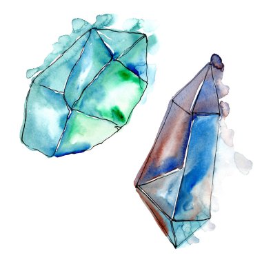 Mavi elmas taş takı mineral. İzole illüstrasyon öğesi. Geometrik kuvars çokgen kristal taş mozaik şekil Ametist mücevher.