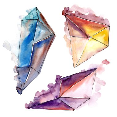 Renkli elmas taş takı mineral. İzole illüstrasyon öğesi. Geometrik kuvars çokgen kristal taş mozaik şekil Ametist mücevher.