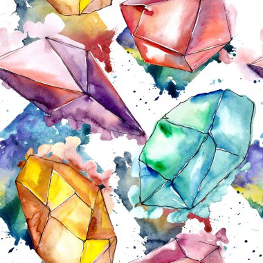 Renkli elmas taş takı mineral. Sorunsuz arka plan deseni. Kumaş duvar kağıdı yazdırma doku. Geometrik kuvars çokgen kristal taş mozaik şekil Ametist mücevher.