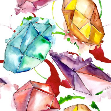 Renkli elmas taş takı mineral. Sorunsuz arka plan deseni. Kumaş duvar kağıdı yazdırma doku. Geometrik kuvars çokgen kristal taş mozaik şekil Ametist mücevher.