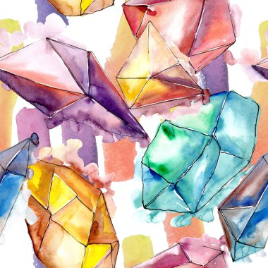 Renkli elmas taş takı mineral. Sorunsuz arka plan deseni. Kumaş duvar kağıdı yazdırma doku. Geometrik kuvars çokgen kristal taş mozaik şekil Ametist mücevher.