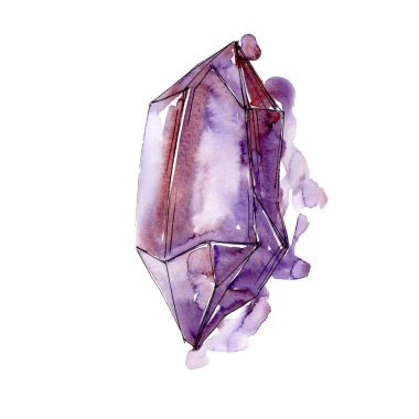 Mor elmas taş takı mineral. İzole illüstrasyon öğesi. Geometrik kuvars çokgen kristal taş mozaik şekil Ametist mücevher.