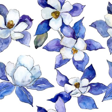 Mavi aquilegia çiçekler. Sorunsuz arka plan deseni. Kumaş duvar kağıdı yazdırma doku. Arka plan, doku, sarıcı desen, çerçeve veya kenarlık için Aquarelle kır çiçeği.