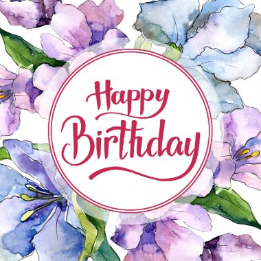 Mor ve mavi alstroemeria çiçekler. Çerçeve kenarlığı süsleme Meydanı. Arka plan, doku, sarıcı desen, çerçeve veya kenarlık için Aquarelle kır çiçeği.