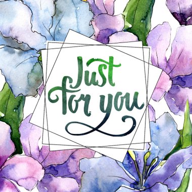 Mor ve mavi alstroemeria çiçekler. Çerçeve kenarlığı süsleme Meydanı. Arka plan, doku, sarıcı desen, çerçeve veya kenarlık için Aquarelle kır çiçeği.