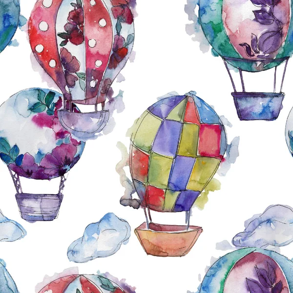Sıcak hava balonları arka plan fly hava taşıma illüstrasyon. Sorunsuz arka plan deseni. Kumaş duvar kağıdı yazdırma doku.