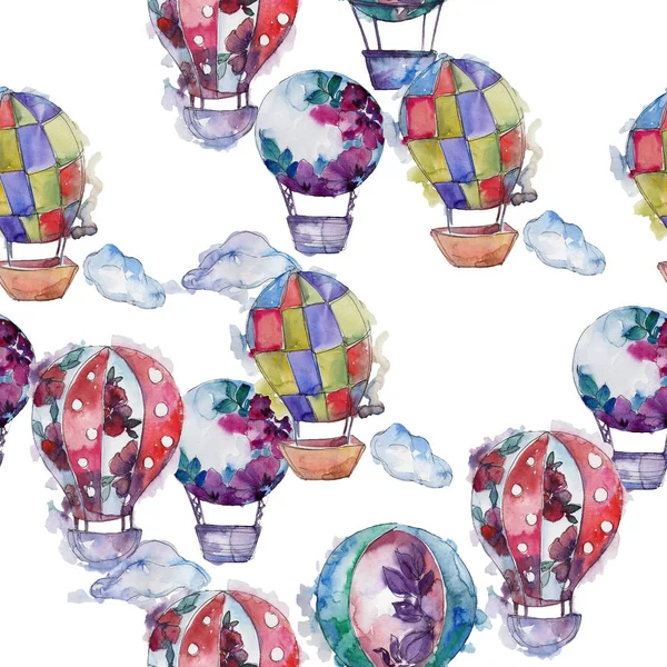 Sıcak hava balonları arka plan fly hava taşıma illüstrasyon. Sorunsuz arka plan deseni. Kumaş duvar kağıdı yazdırma doku.