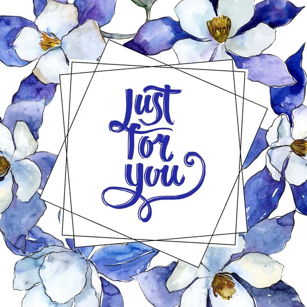 Mavi aquilegia çiçekler. Çerçeve kenarlığı süsleme. Arka plan, doku, sarıcı desen, çerçeve veya kenarlık için Aquarelle kır çiçeği.