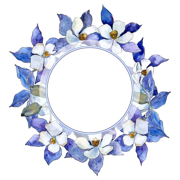 Blue aquilegia flowers. Frame border ornament. Aquarelle wildflower for background, texture, wrapper pattern, frame or border.