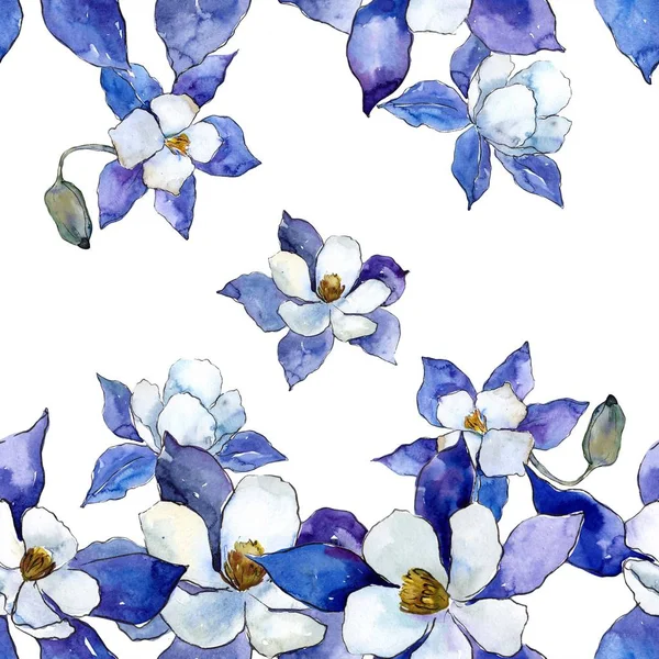 Blue aquilegia flowers. Frame border ornament. Aquarelle wildflower for background, texture, wrapper pattern, frame or border.