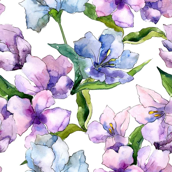 Mor ve mavi alstroemeria çiçekler. Sorunsuz arka plan deseni. Kumaş duvar kağıdı yazdırma doku. Arka plan, doku, sarıcı desen, çerçeve veya kenarlık için Aquarelle kır çiçeği.