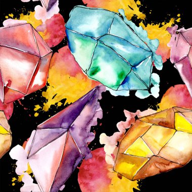 Renkli elmas taş takı mineral. Sorunsuz arka plan deseni. Kumaş duvar kağıdı yazdırma doku. Geometrik kuvars çokgen kristal taş mozaik şekil Ametist mücevher.