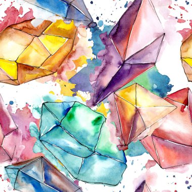 Renkli elmas taş takı mineral. Sorunsuz arka plan deseni. Kumaş duvar kağıdı yazdırma doku. Geometrik kuvars çokgen kristal taş mozaik şekil Ametist mücevher.
