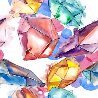 Renkli elmas taş takı mineral. Sorunsuz arka plan deseni. Kumaş duvar kağıdı yazdırma doku. Geometrik kuvars çokgen kristal taş mozaik şekil Ametist mücevher.