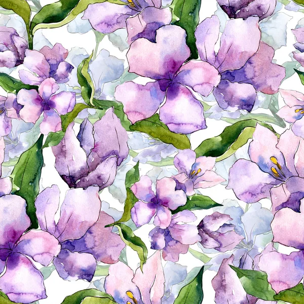 Mor ve mavi alstroemeria çiçekler. Sorunsuz arka plan deseni. Kumaş duvar kağıdı yazdırma doku. Arka plan, doku, sarıcı desen, çerçeve veya kenarlık için Aquarelle kır çiçeği.