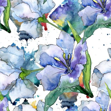 Mor ve mavi alstroemeria çiçekler. Sorunsuz arka plan deseni. Kumaş duvar kağıdı yazdırma doku. Arka plan, doku, sarıcı desen, çerçeve veya kenarlık için Aquarelle kır çiçeği.