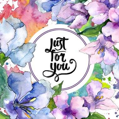 Mor ve mavi alstroemeria çiçekler. Çerçeve kenarlığı süsleme Meydanı. Arka plan, doku, sarıcı desen, çerçeve veya kenarlık için Aquarelle kır çiçeği.