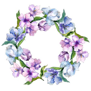 Mor ve mavi alstroemeria çiçekler. Çerçeve kenarlığı süsleme Meydanı. Arka plan, doku, sarıcı desen, çerçeve veya kenarlık için Aquarelle kır çiçeği.