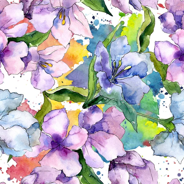 Mor ve mavi alstroemeria çiçekler. Sorunsuz arka plan deseni. Kumaş duvar kağıdı yazdırma doku. Arka plan, doku, sarıcı desen, çerçeve veya kenarlık için Aquarelle kır çiçeği.