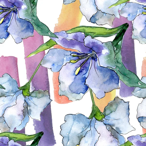 Mor ve mavi alstroemeria çiçekler. Sorunsuz arka plan deseni. Kumaş duvar kağıdı yazdırma doku. Arka plan, doku, sarıcı desen, çerçeve veya kenarlık için Aquarelle kır çiçeği.