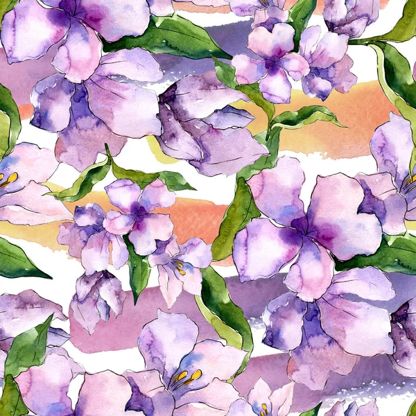Mor ve mavi alstroemeria çiçekler. Sorunsuz arka plan deseni. Kumaş duvar kağıdı yazdırma doku. Arka plan, doku, sarıcı desen, çerçeve veya kenarlık için Aquarelle kır çiçeği.