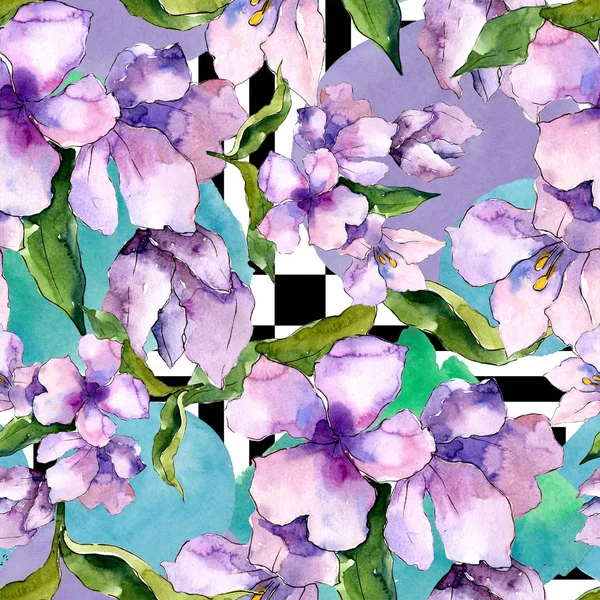 Mor ve mavi alstroemeria çiçekler. Sorunsuz arka plan deseni. Kumaş duvar kağıdı yazdırma doku. Arka plan, doku, sarıcı desen, çerçeve veya kenarlık için Aquarelle kır çiçeği.