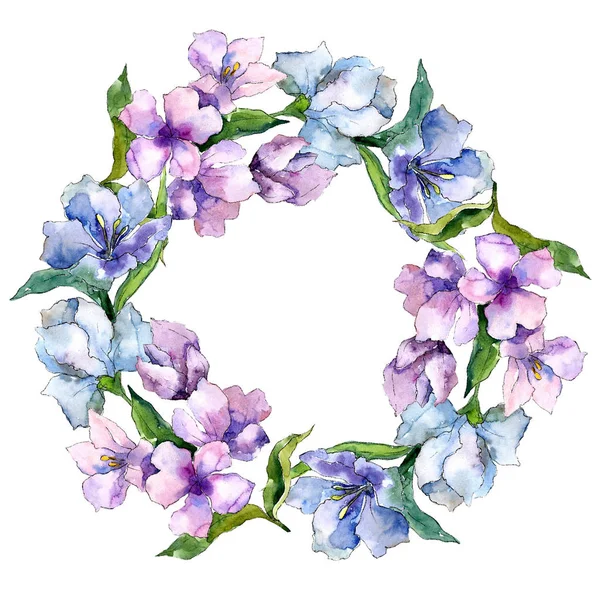 Mor ve mavi alstroemeria çiçekler. Çerçeve kenarlığı süsleme Meydanı. Arka plan, doku, sarıcı desen, çerçeve veya kenarlık için Aquarelle kır çiçeği.
