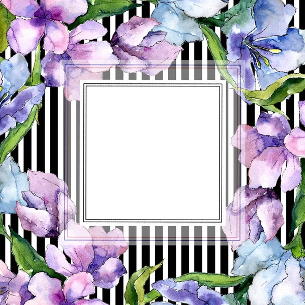 Purple and blue alstroemeria flowers. Frame border ornament square. Aquarelle wildflower for background, texture, wrapper pattern, frame or border.