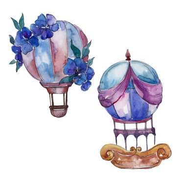 Mavi sıcak hava balon arka plan fly hava taşıma illüstrasyon. İzole illüstrasyon öğesi.