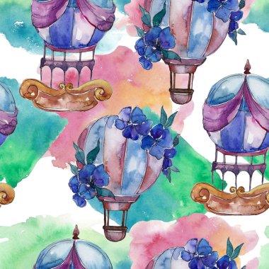 Sıcak hava balonları arka plan fly hava taşıma illüstrasyon. Sorunsuz arka plan deseni. Kumaş duvar kağıdı yazdırma doku.