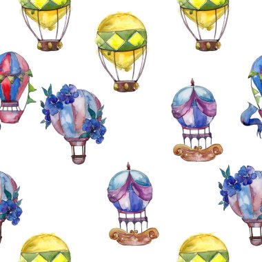 Sıcak hava balonları arka plan fly hava taşıma illüstrasyon. Sorunsuz arka plan deseni. Kumaş duvar kağıdı yazdırma doku.
