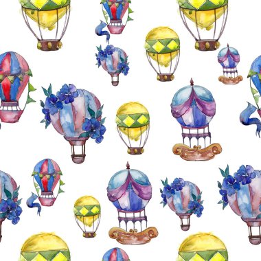 Sıcak hava balonları arka plan fly hava taşıma illüstrasyon. Sorunsuz arka plan deseni. Kumaş duvar kağıdı yazdırma doku.