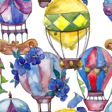 Sıcak hava balonları arka plan fly hava taşıma illüstrasyon. Sorunsuz arka plan deseni. Kumaş duvar kağıdı yazdırma doku.